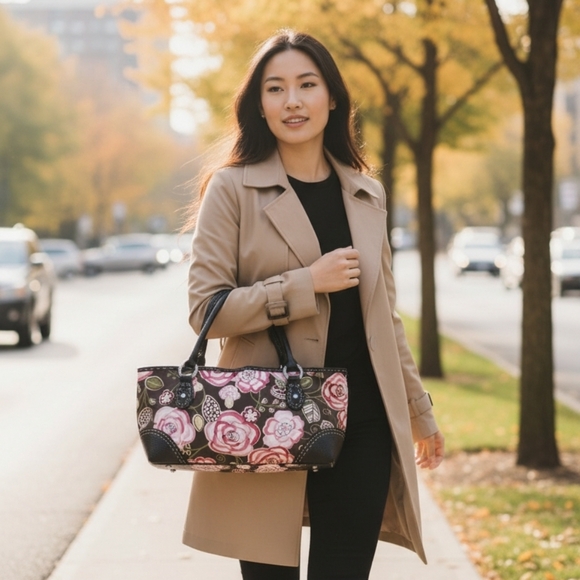 Brighton Handbags - Brighton Floral Tote Bag with Black Leather Accents